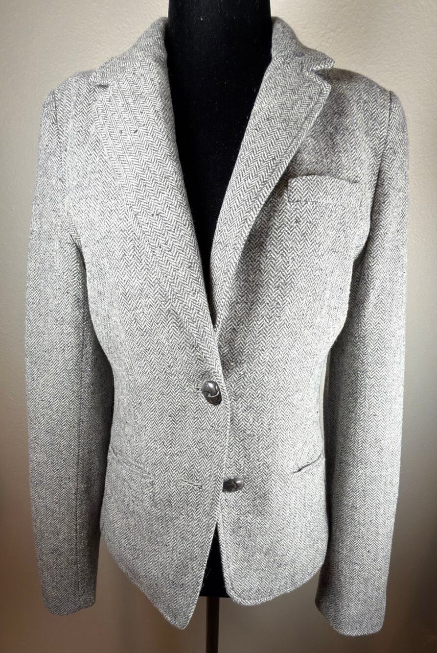 H&M LOGG Grey Herringbone Tweed Blazer Jacket Elbow Patches Floral Lining Sz 6